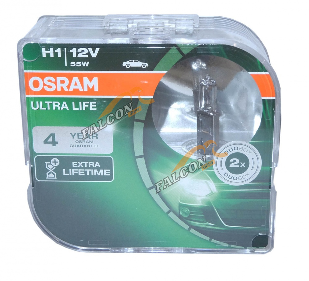Лампа галог H1 12V55W (Osram) ULTRA LIFE евробокс, 2шт 64150ULT2 P14.5s 