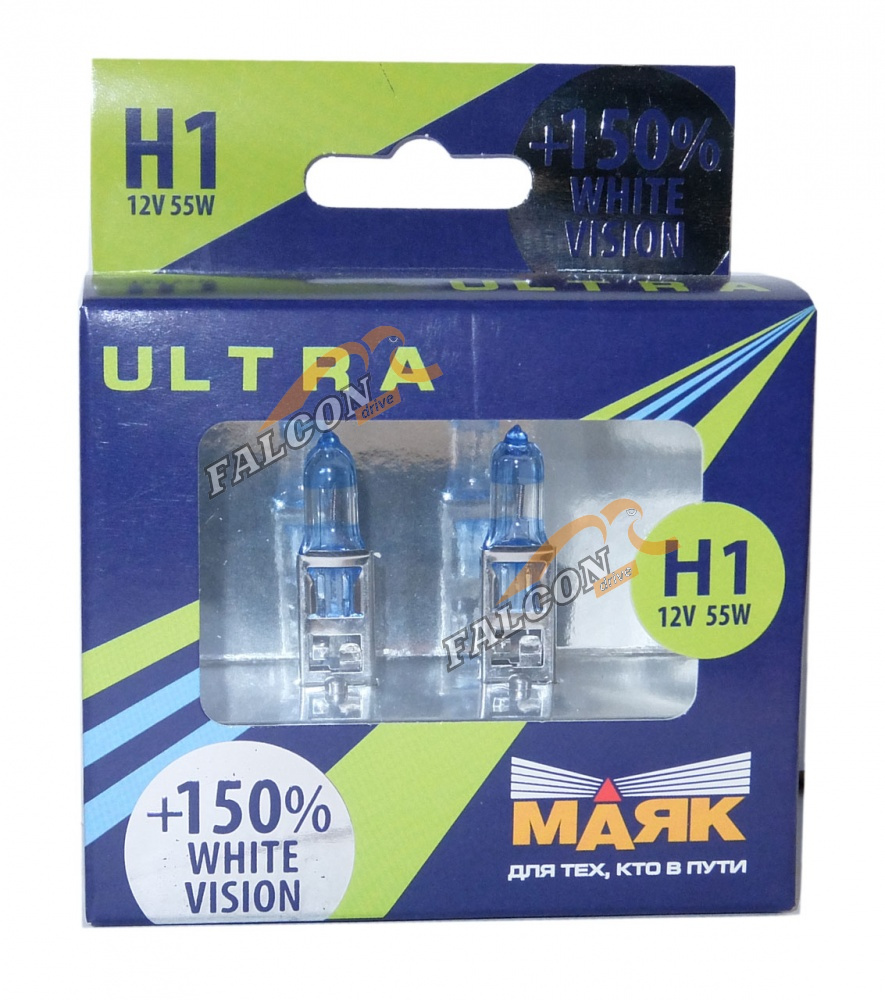 Лампа галог H1 12V55W+150% (Маяк) ULTRA White Vision к-т2шт 82120WV+150