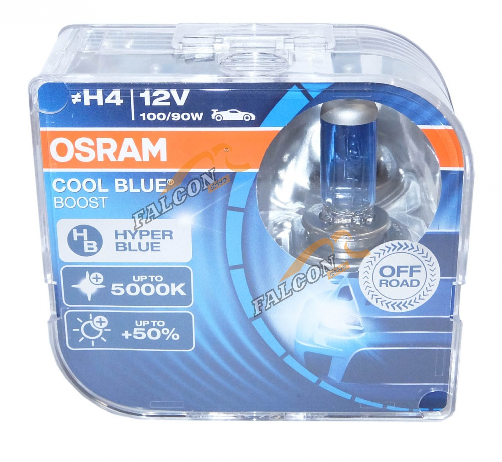 Лампа галог H4 12V100/90W+50% (Osram) 5000K COOL BLUE BOOST евробокс, 2ш белая 62193CBB2 P43t