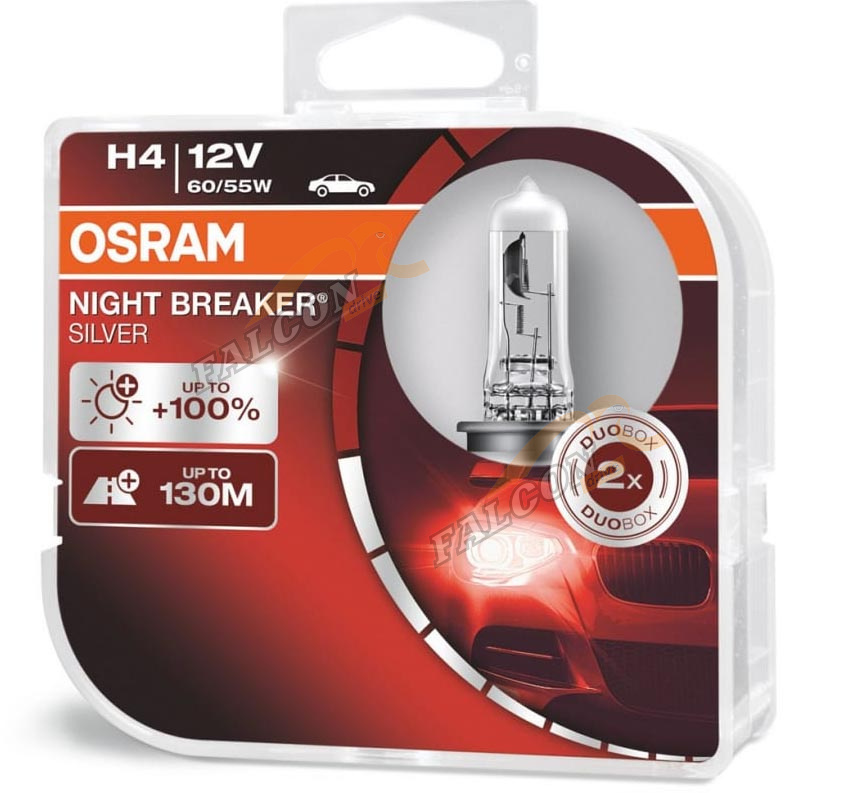 Лампа галог H4 12V60/55W+100% (Osram) NIGHT BREAKER SILVER евробокс, 2шт 64193NBS2 P43t