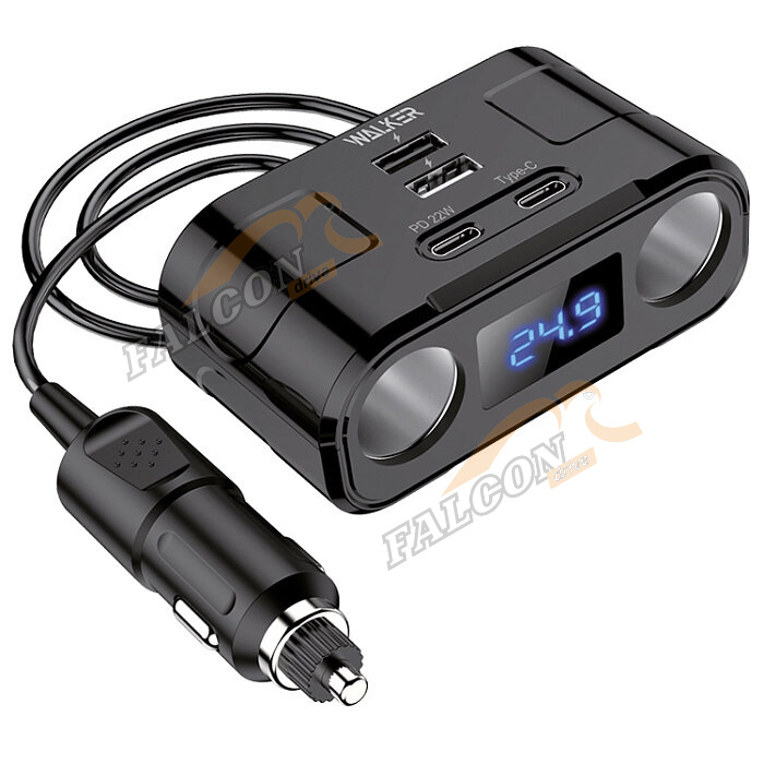 Разветвитель прикуривателя 2 гнезда с 2 USB 2 Type-C (PD, 22W)  WSC-45 с дисплеем (WALKER)