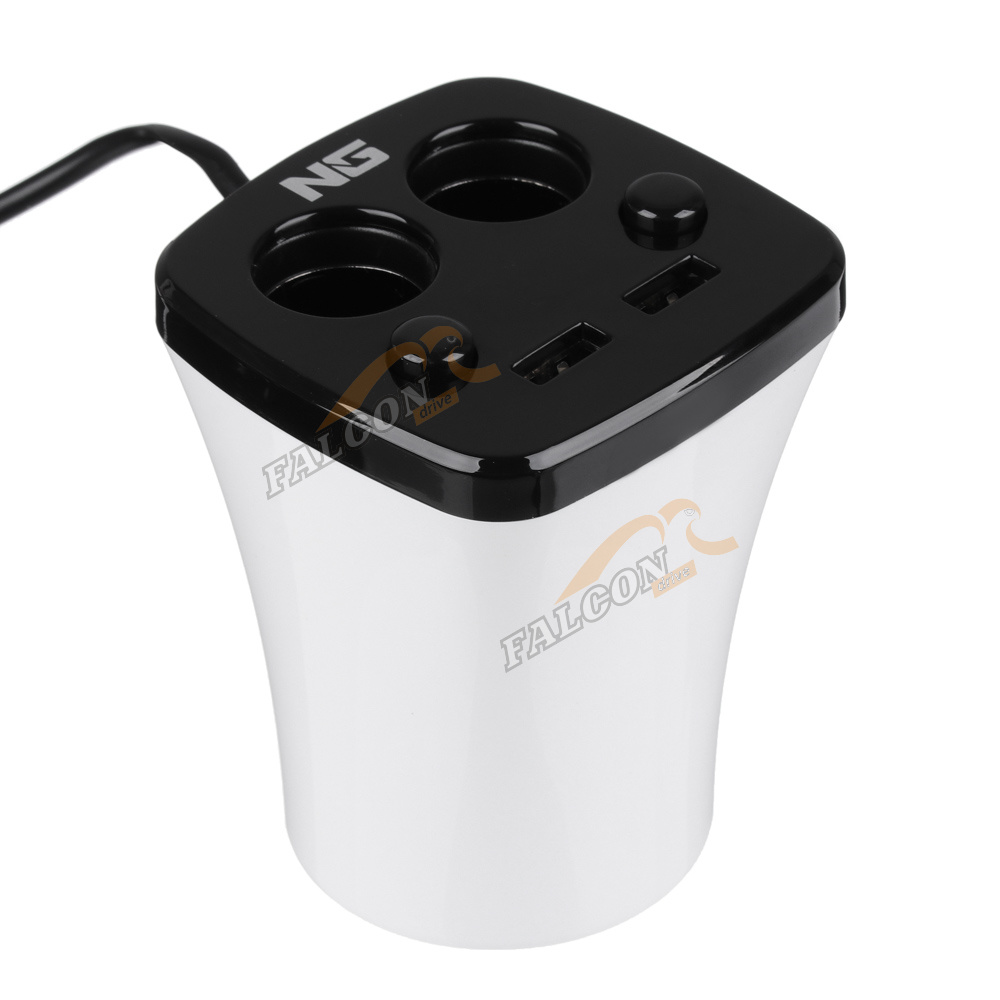Зарядка от прикуривателя 2 гнезда +2USB (NEW GALAXY) в подстаканник 738-026