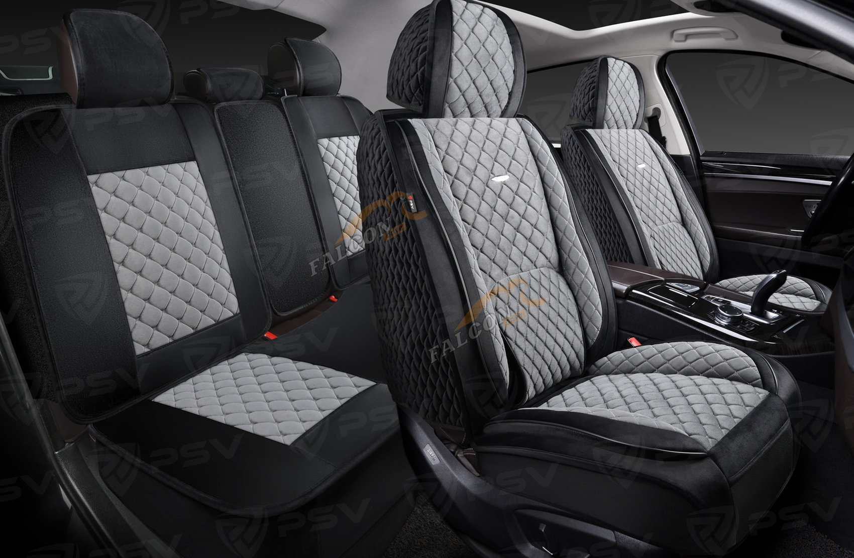 Чехлы-накидки 5D (PSV) Favorit Velur (Черно-Серый/Серая строчка), комплект на весь салон, велюр