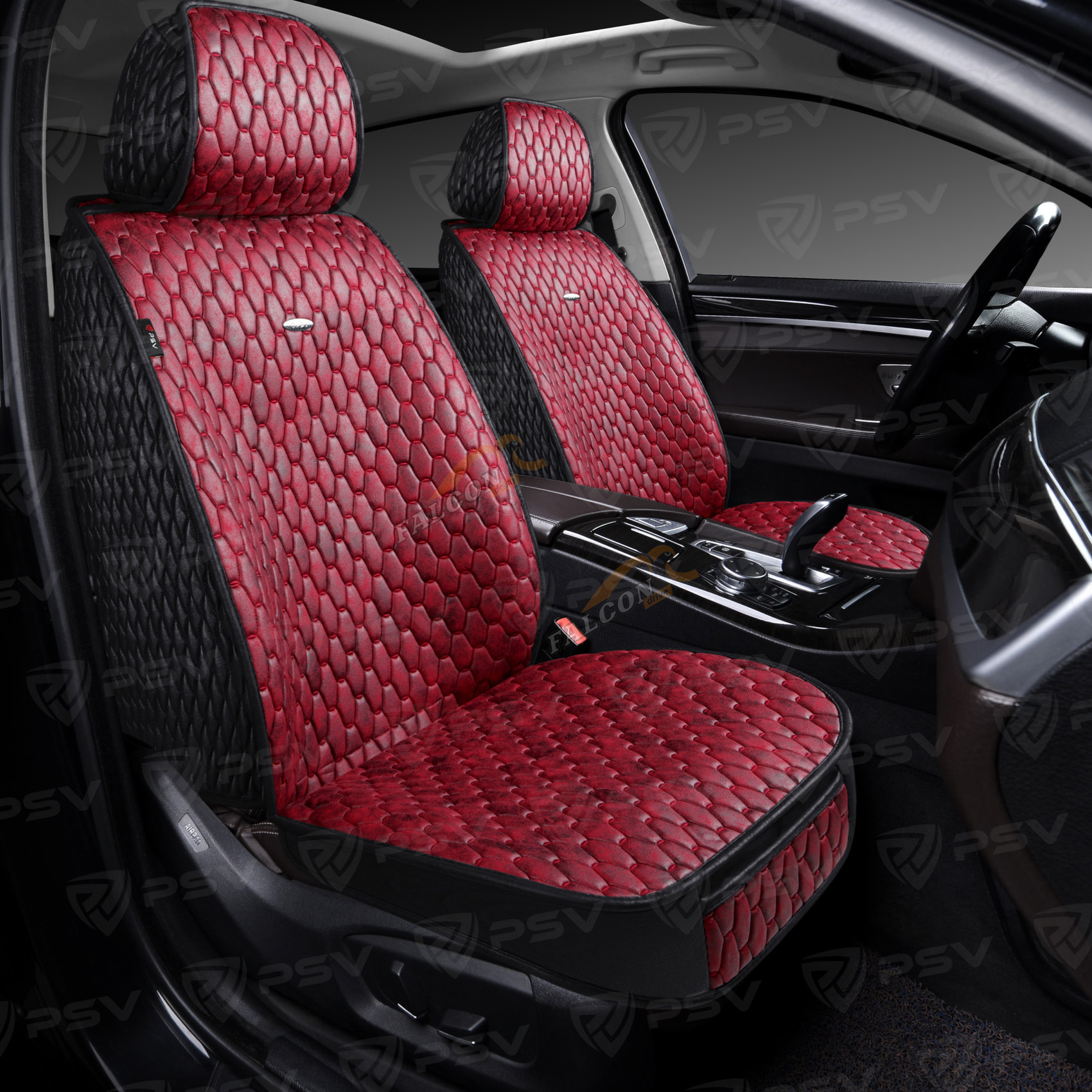 Чехлы-накидки 5D (PSV) Skin 2 FRONT (Чёрный/Красный строчка), на передние сиденья, мокрая кожа