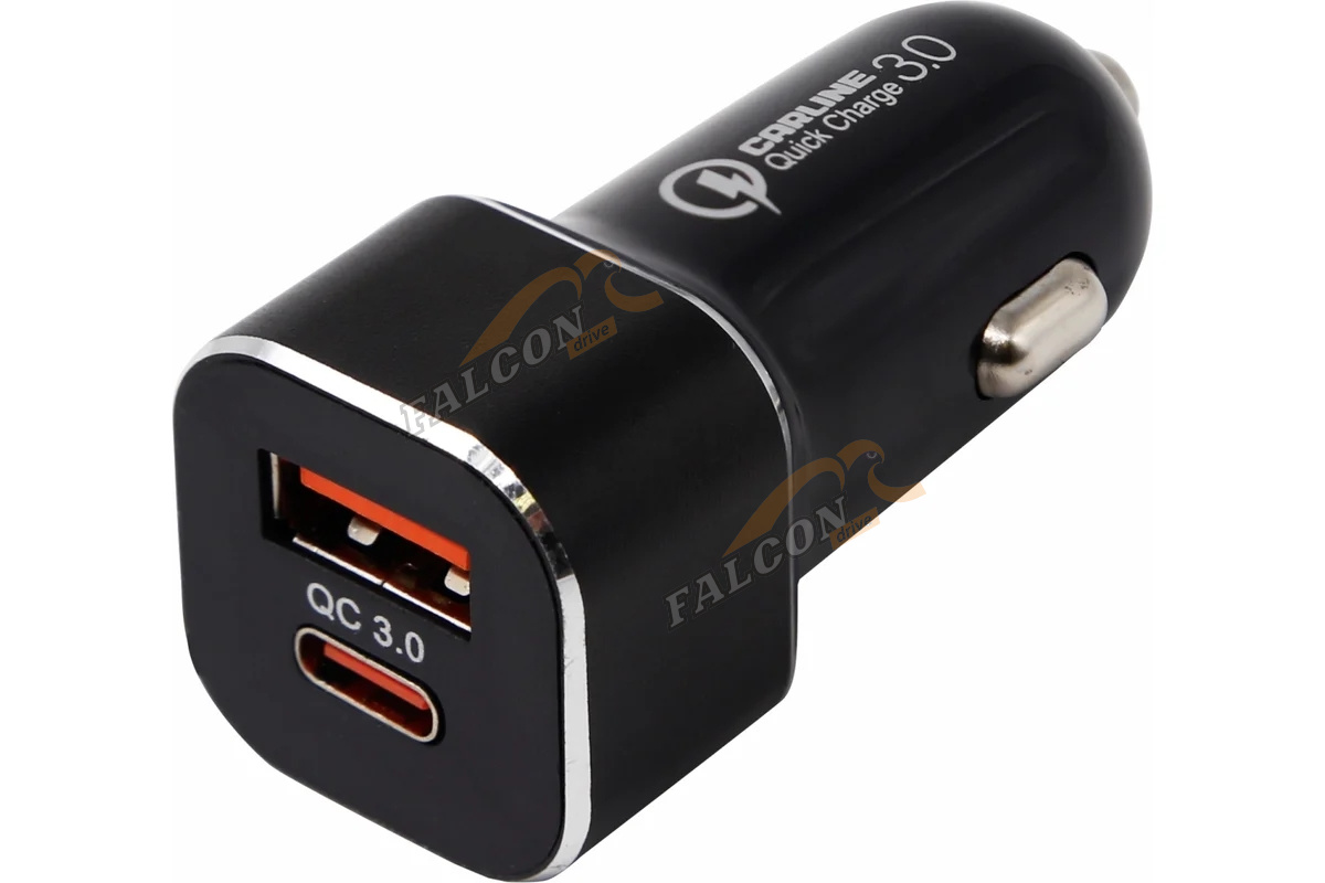 Зарядка USB в прикуриватель (CarLine) 12V/24V 1x USB QC 3.0А/18W + Type C Чёрный  CH-2U-TC